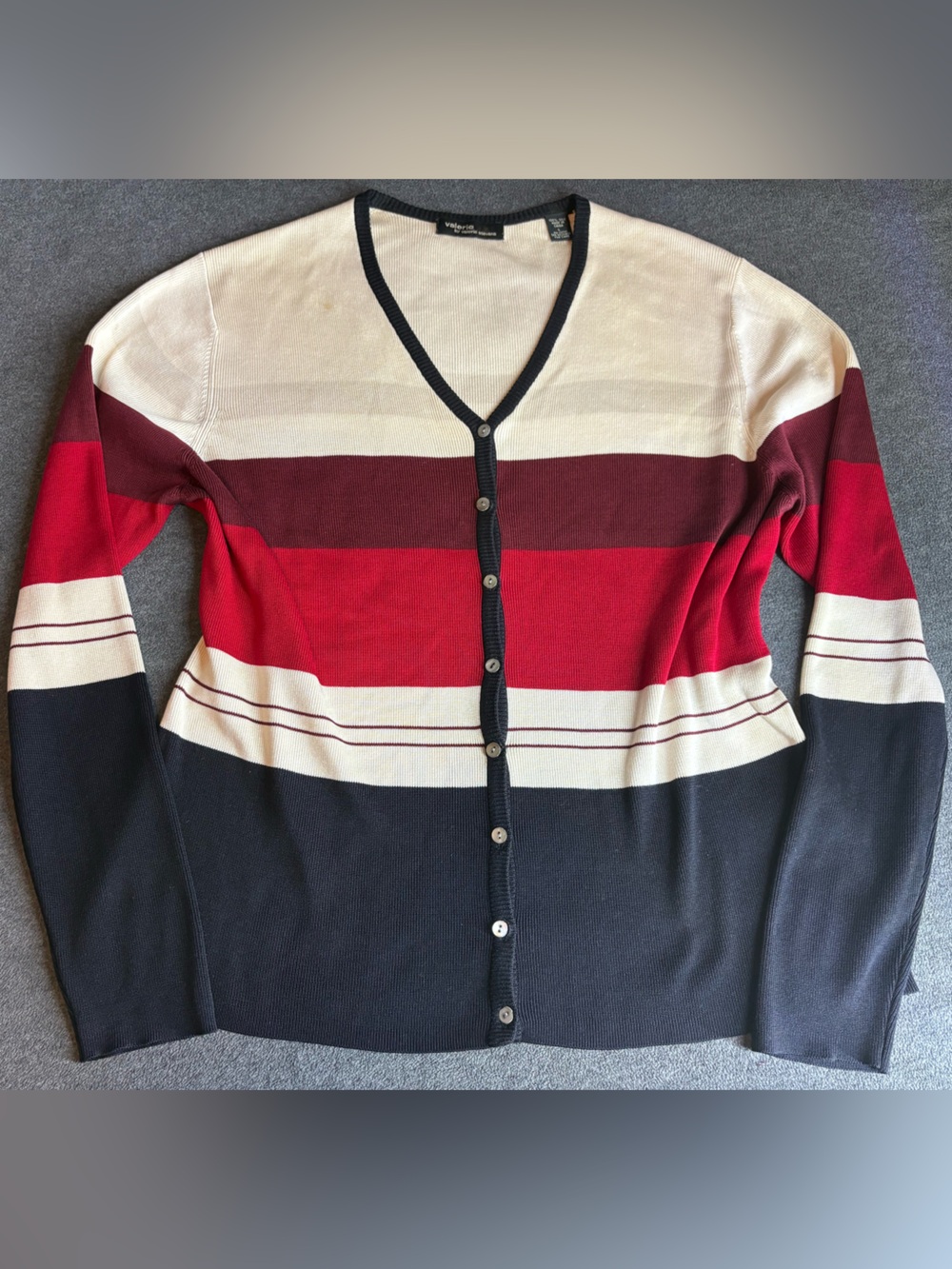 Valerie Stevens Silk Striped V-Neck Cardigan in Cream, Maroon, Red and Black L